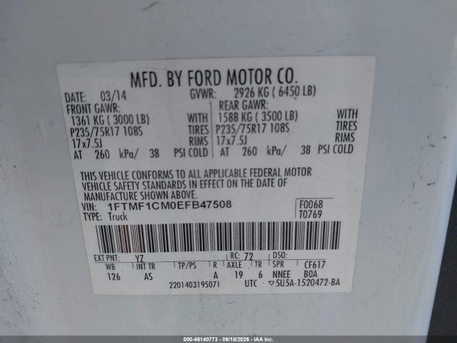 46140773 :رقم المزاد ، 1FTMF1CM0EFB47508 vin ، 2014 Ford F-150 Xl مزاد بيع