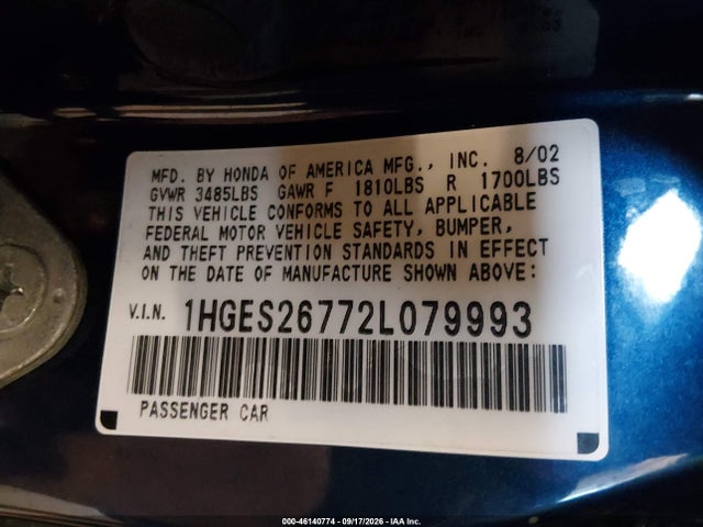 46140774 :رقم المزاد ، 1HGES26772L079993 vin ، 2002 Honda Civic Ex مزاد بيع