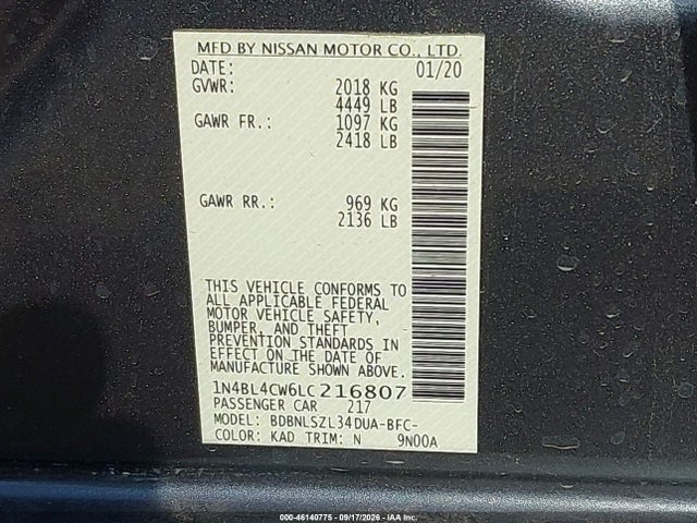 Продажа на аукционе авто 2020 Nissan Altima Sr Intelligent Awd, vin: 1N4BL4CW6LC216807, номер лота: 46140775
