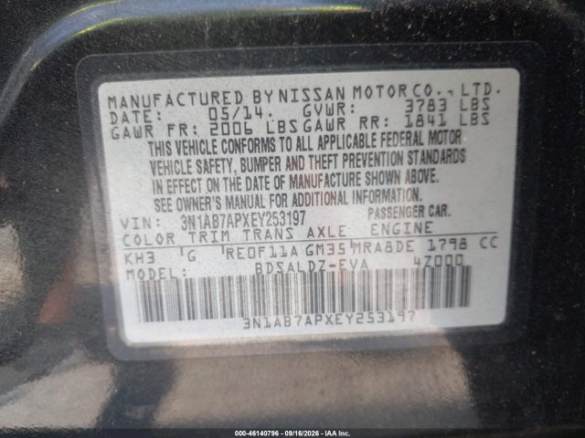 Aukcja sprzedaży 2014 Nissan Sentra Sv, vin: 3N1AB7APXEY253197, numer aukcji: 46140796