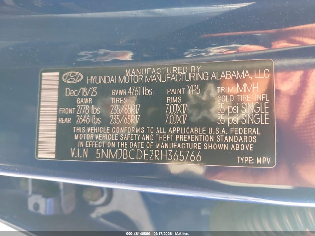 Aukcja sprzedaży 2024 Hyundai Tucson Sel, vin: 5NMJBCDE2RH365766, numer aukcji: 46140800
