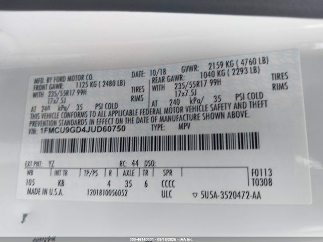 Продажа на аукционе авто 2018 Ford Escape Se, vin: 1FMCU9GD4JUD60750, номер лота: 46140801