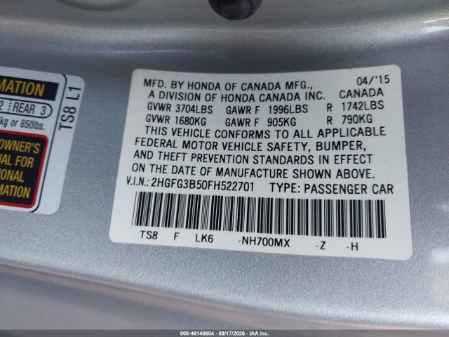46140804 :رقم المزاد ، 2HGFG3B50FH522701 vin ، 2015 Honda Civic Lx مزاد بيع