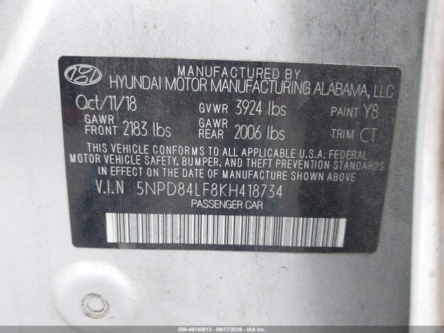 2019 Hyundai Elantra Sel მანქანა იყიდება აუქციონზე, vin: 5NPD84LF8KH418734, აუქციონის ნომერი: 46140813