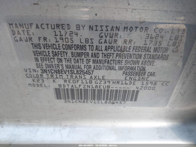 Aukcja sprzedaży 2025 Nissan Versa 1.6 Sv, vin: 3N1CN8EV1SL825457, numer aukcji: 46140823