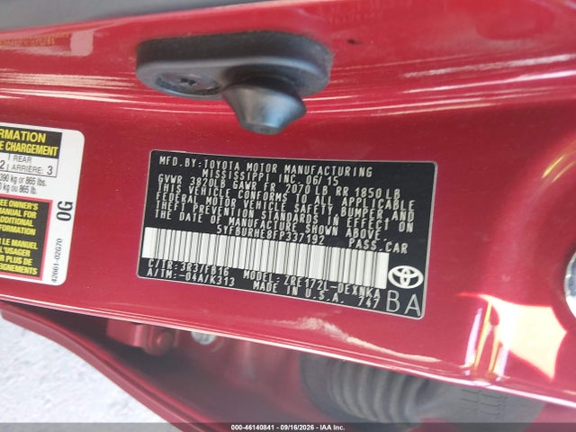 Продаж на аукціоні авто 2015 Toyota Corolla Le Plus, vin: 5YFBURHE8FP337192, номер лоту: 46140841