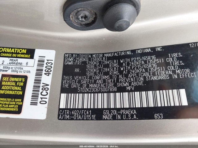Aukcja sprzedaży 2007 Toyota Sienna Le, vin: 5TDZK23C67S007898, numer aukcji: 46140844