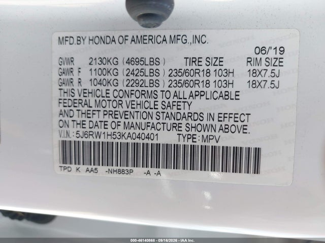 46140868 :رقم المزاد ، 5J6RW1H53KA040401 vin ، 2019 Honda Cr-v Ex مزاد بيع