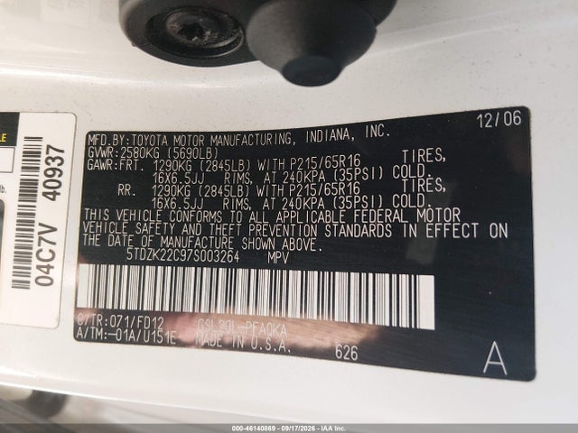 Продаж на аукціоні авто 2007 Toyota Sienna Xle, vin: 5TDZK22C97S003264, номер лоту: 46140869