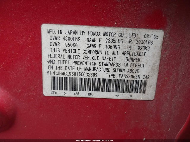 46140885 :رقم المزاد ، JH4CL96815C032689 vin ، 2005 Acura Tsx مزاد بيع