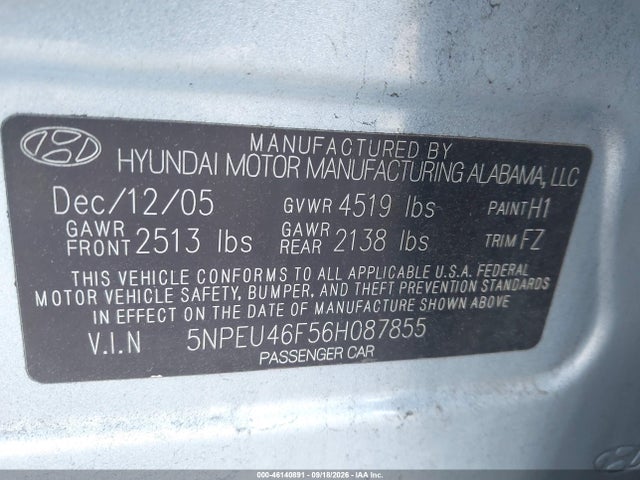 2006 Hyundai Sonata Gls V6/lx V6 მანქანა იყიდება აუქციონზე, vin: 5NPEU46F56H087855, აუქციონის ნომერი: 46140891