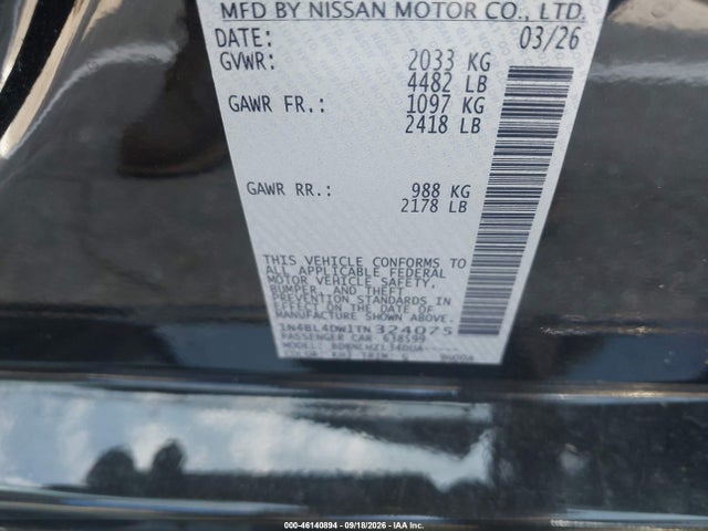 Aukcja sprzedaży 2026 Nissan Altima Sv Awd, vin: 1N4BL4DW1TN324075, numer aukcji: 46140894