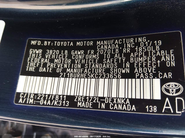 Продажа на аукционе авто 2019 Toyota Corolla Le, vin: 2T1BURHE5KC233656, номер лота: 46140896