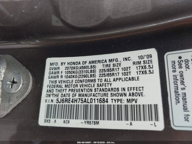 46140901 :رقم المزاد ، 5J6RE4H75AL011684 vin ، 2010 Honda Cr-v Ex-l مزاد بيع