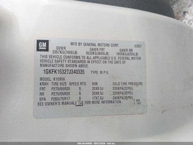 Продажа на аукционе авто 2007 Gmc Yukon Xl 1500 Slt, vin: 1GKFK16327J340335, номер лота: 46140905