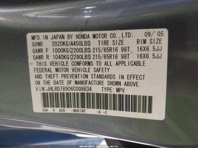 Продаж на аукціоні авто 2006 Honda Cr-v Se, vin: JHLRD78906C008634, номер лоту: 46140910