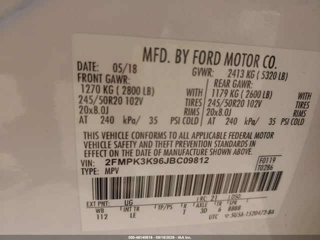 46140916 :رقم المزاد ، 2FMPK3K96JBC09812 vin ، 2018 Ford Edge Titanium مزاد بيع