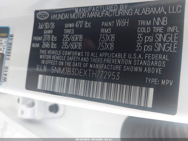 2026 Hyundai Tucson Sel მანქანა იყიდება აუქციონზე, vin: 5NMJB3DEXTH772953, აუქციონის ნომერი: 46140919