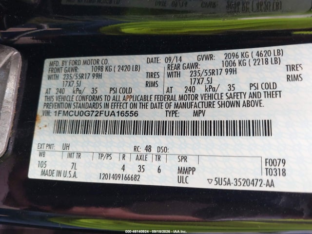 46140924 :رقم المزاد ، 1FMCU0G72FUA16556 vin ، 2015 Ford Escape Se مزاد بيع