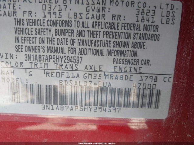46140926 :رقم المزاد ، 3N1AB7AP5HY294597 vin ، 2017 Nissan Sentra Sv مزاد بيع
