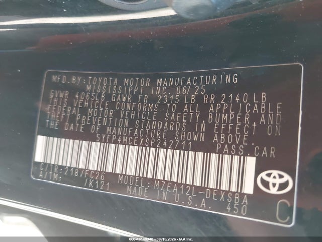 46140940 :رقم المزاد ، 5YFP4MCEXSP242711 vin ، 2025 Toyota Corolla Se مزاد بيع