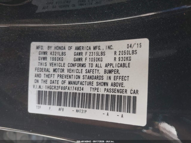 46140942 :رقم المزاد ، 1HGCR2F86FA174834 vin ، 2015 Honda Accord Ex-l مزاد بيع