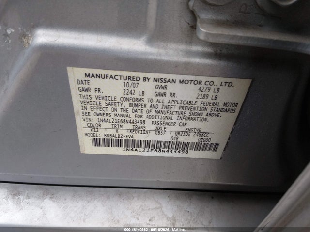 Aukcja sprzedaży 2008 Nissan Altima 2.5 S, vin: 1N4AL21E68N443498, numer aukcji: 46140952