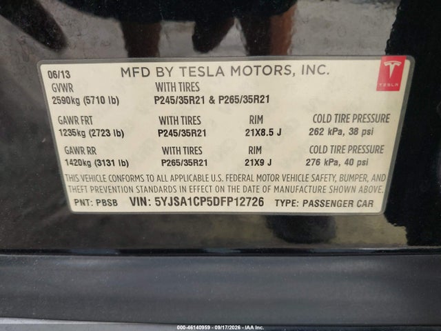 46140959 :رقم المزاد ، 5YJSA1CP5DFP12726 vin ، 2013 Tesla Model S Performance مزاد بيع