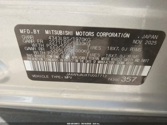 JA4ARUAUXTU007712 Mitsubishi Outlander Sport 2.0 Es/2.0 Le/2.0 Ralliart/2.0 S/2.0 Se/2.0 Trail Edition
