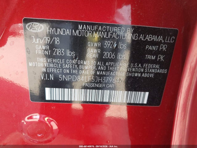 46140976 :رقم المزاد ، 5NPD84LF5JH379647 vin ، 2018 Hyundai Elantra Value Edition مزاد بيع