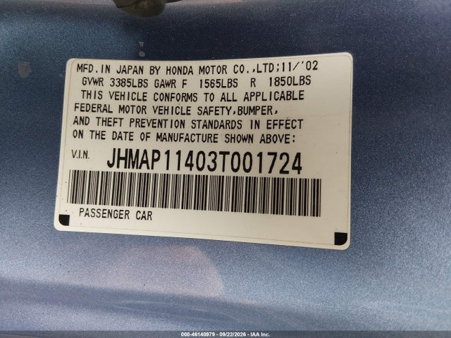 Продаж на аукціоні авто 2003 Honda S2000, vin: JHMAP11403T001724, номер лоту: 46140979
