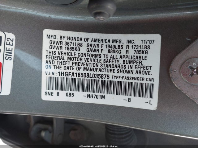 Aukcja sprzedaży 2008 Honda Civic Lx, vin: 1HGFA16508L035875, numer aukcji: 46140981