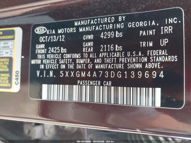 Продаж на аукціоні авто 2013 Kia Optima Lx, vin: 5XXGM4A73DG139694, номер лоту: 46140985
