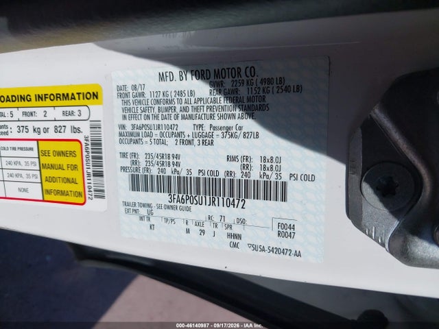 2018 Ford Fusion Energi Titanium მანქანა იყიდება აუქციონზე, vin: 3FA6P0SU1JR110472, აუქციონის ნომერი: 46140987