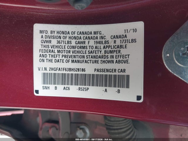 Aukcja sprzedaży 2011 Honda Civic Lx-s, vin: 2HGFA1F63BH528186, numer aukcji: 46141001