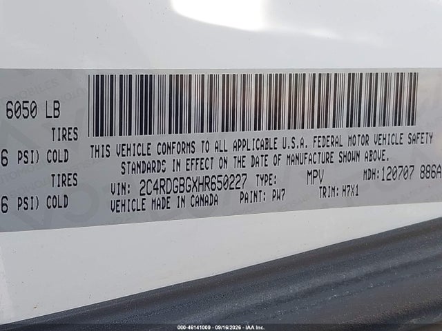 2017 Dodge Grand Caravan Se მანქანა იყიდება აუქციონზე, vin: 2C4RDGBGXHR650227, აუქციონის ნომერი: 46141009