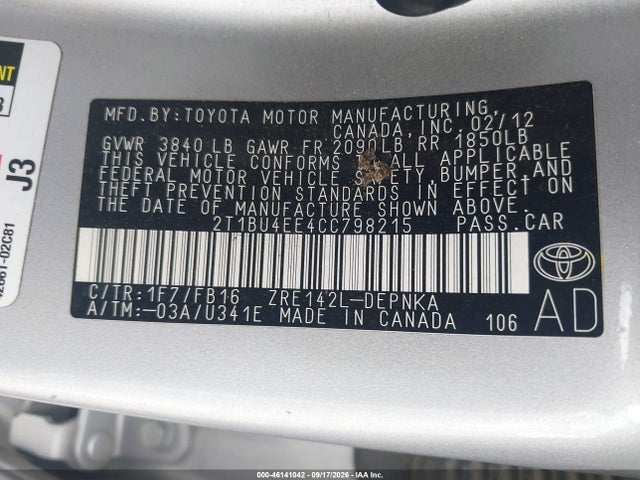 Aukcja sprzedaży 2012 Toyota Corolla Le, vin: 2T1BU4EE4CC798215, numer aukcji: 46141042