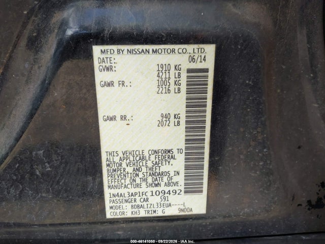 Продаж на аукціоні авто 2015 Nissan Altima 2.5 Sv, vin: 1N4AL3AP1FC109492, номер лоту: 46141050