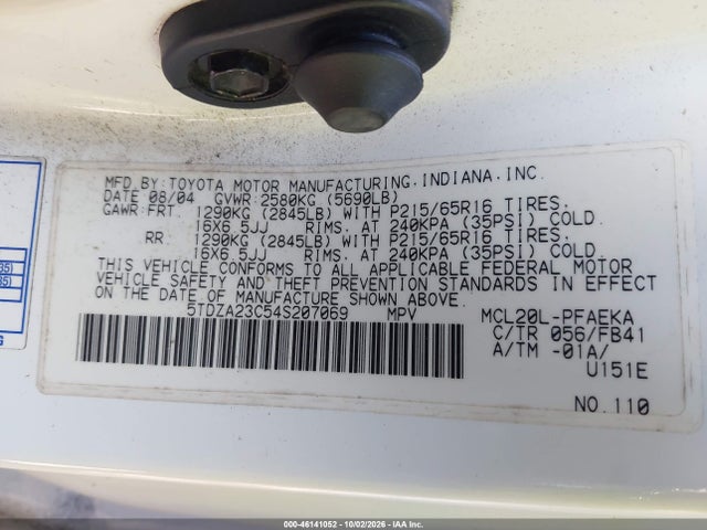 46141052 :رقم المزاد ، 5TDZA23C54S207069 vin ، 2004 Toyota Sienna Le مزاد بيع
