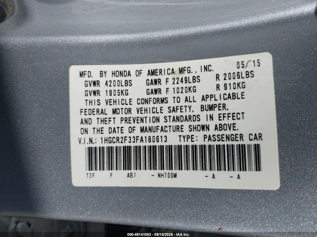 Honda ACCORD LX 2015 1HGCR2F33FA180613 Image 9