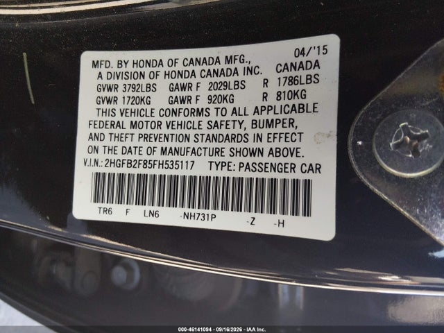 Продаж на аукціоні авто 2015 Honda Civic Ex, vin: 2HGFB2F85FH535117, номер лоту: 46141094