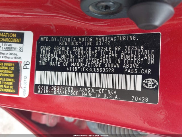 46141096 :رقم المزاد ، 4T1BF1FK3CU560528 vin ، 2012 Toyota Camry Le مزاد بيع