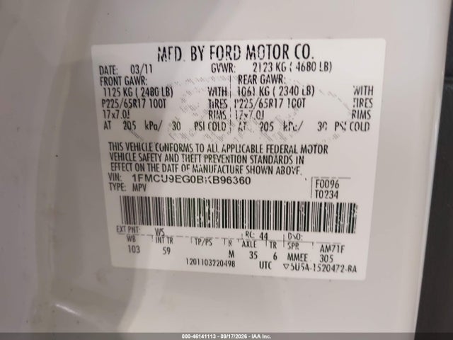 Aukcja sprzedaży 2011 Ford Escape Limited, vin: 1FMCU9EG0BKB96360, numer aukcji: 46141113