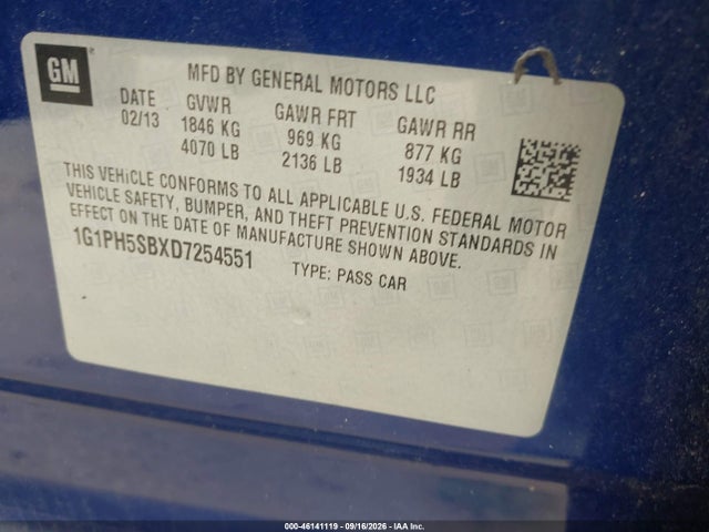 Aukcja sprzedaży 2013 Chevrolet Cruze Eco Auto, vin: 1G1PH5SBXD7254551, numer aukcji: 46141119