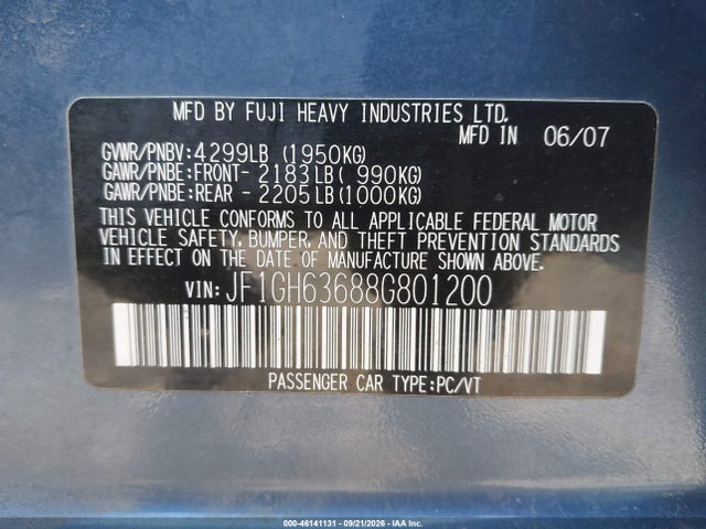 Продаж на аукціоні авто 2008 Subaru Impreza Outback Sport, vin: JF1GH63688G801200, номер лоту: 46141131