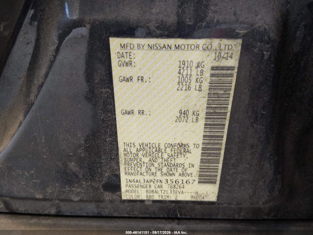 46141151 :رقم المزاد ، 1N4AL3AP2FN356167 vin ، 2015 Nissan Altima 2.5 Sl مزاد بيع