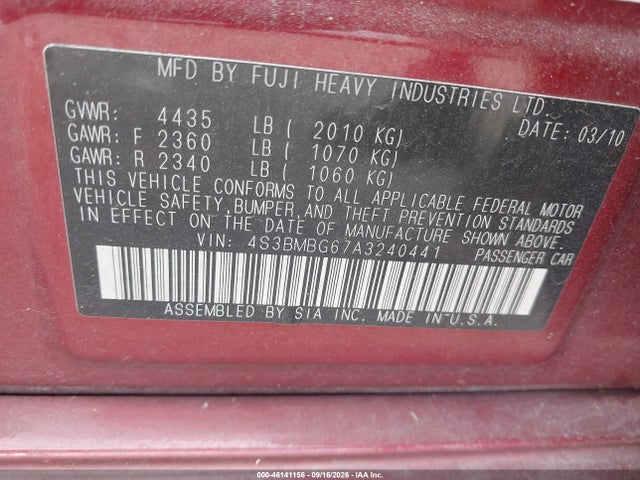 Aukcja sprzedaży 2010 Subaru Legacy 2.5i Premium, vin: 4S3BMBG67A3240441, numer aukcji: 46141156