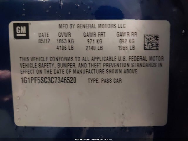 Продаж на аукціоні авто 2012 Chevrolet Cruze 1lt, vin: 1G1PF5SC3C7346520, номер лоту: 46141206