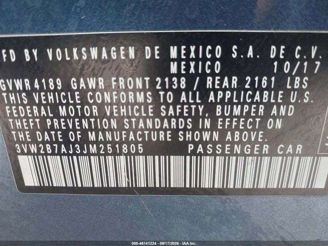 2018 Volkswagen Jetta 1.4t S მანქანა იყიდება აუქციონზე, vin: 3VW2B7AJ3JM251805, აუქციონის ნომერი: 46141224
