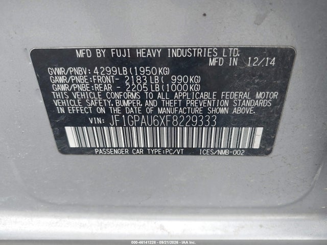 Aukcja sprzedaży 2015 Subaru Impreza Wagon 2.0i Sport Premium, vin: JF1GPAU6XF8229333, numer aukcji: 46141228